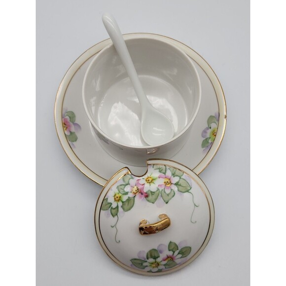 VTG Nippon Hand Painted Sugar Bowl w Attached Under Plate & Spoon Floral Design - Picture 11 of 12